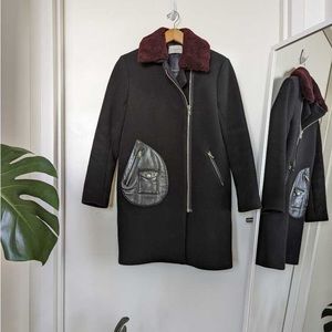 Sandro Shearling Collar Wool Blend Coat